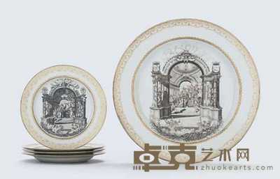 CIRCA 1740 A LARGE GRISAILLE AND GILT MARRIAGE DISH FOR THE DUTCH MARKET; AND FOUR PLATES, SIMILAR 